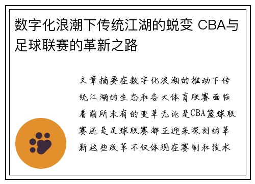 数字化浪潮下传统江湖的蜕变 CBA与足球联赛的革新之路