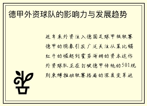 德甲外资球队的影响力与发展趋势