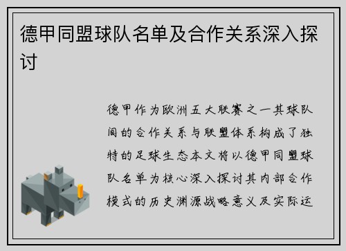 德甲同盟球队名单及合作关系深入探讨